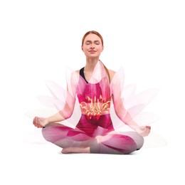 Image of Woman meditating, double exposure with beautiful lotus flower on white background. Padmasana (yoga lotus position)