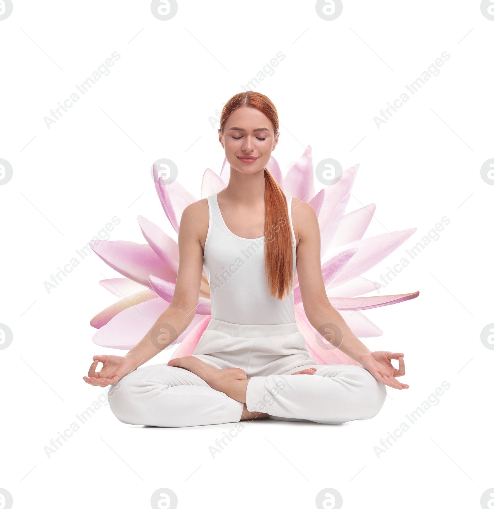 Image of Woman meditating and beautiful lotus flower behind her on white background. Padmasana (yoga lotus position)