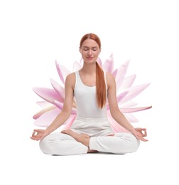 Image of Woman meditating and beautiful lotus flower behind her on white background. Padmasana (yoga lotus position)