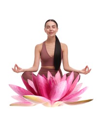 Image of Woman meditating and beautiful lotus flower on white background. Padmasana (yoga lotus position)