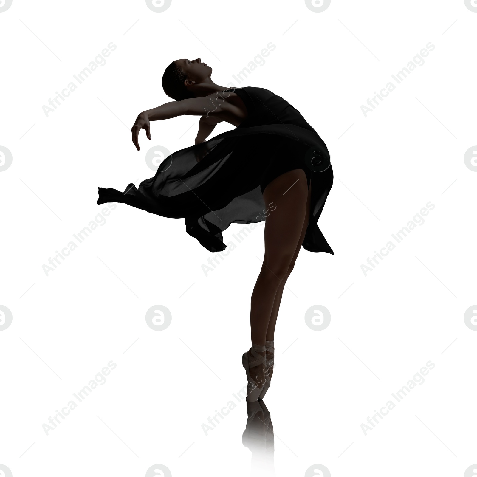 Image of Silhouette of ballerina practicing dance moves on white background