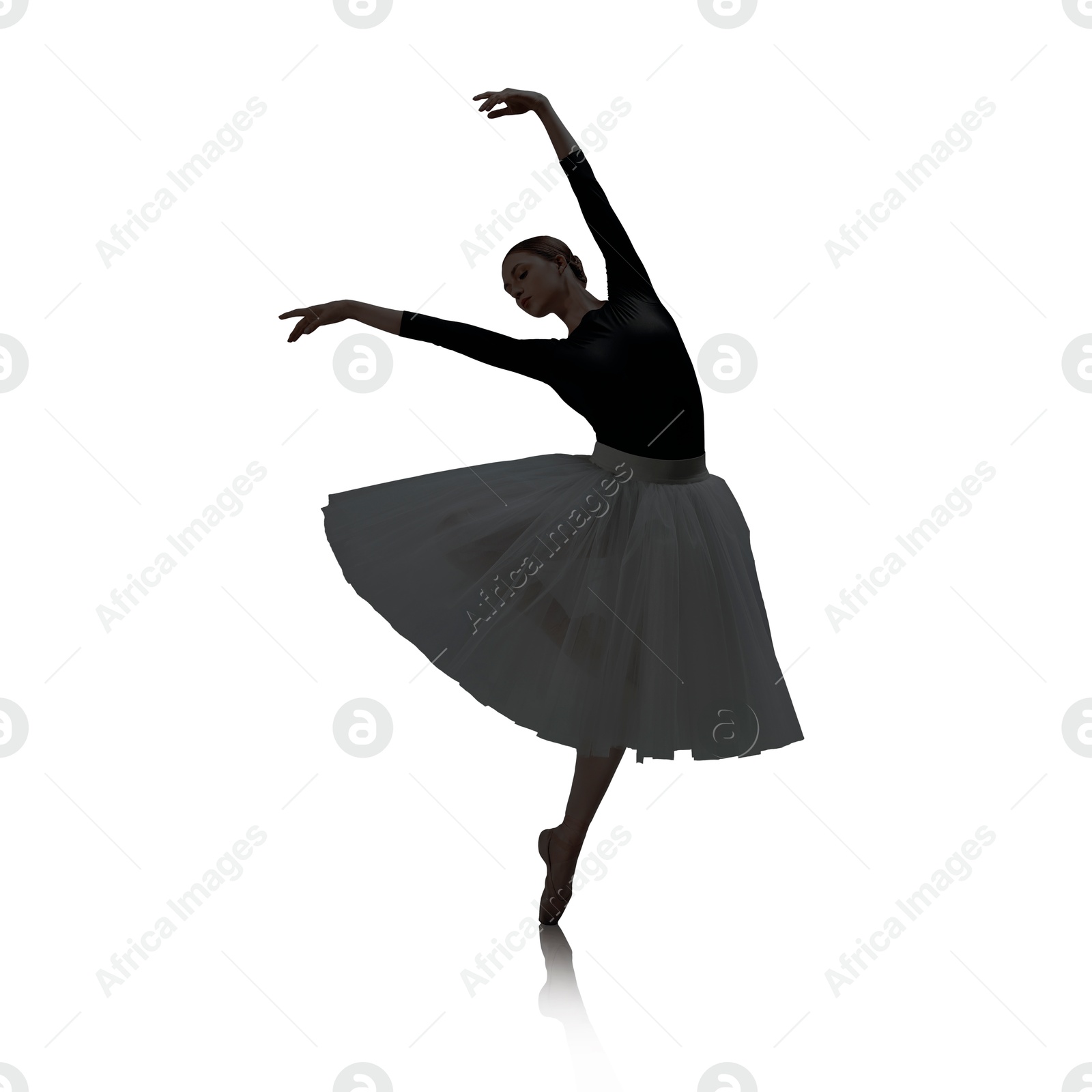 Image of Silhouette of ballerina practicing dance moves on white background