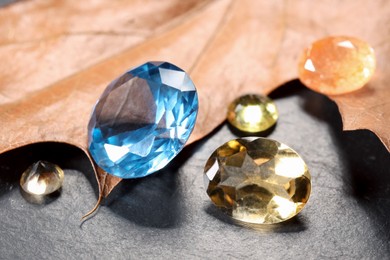 Photo of Beautiful shiny gemstones and dry leaf on black background, closeup