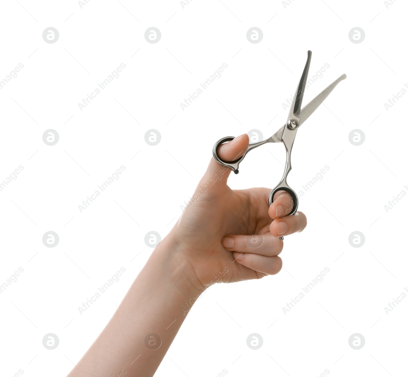 Photo of Woman with scissors for pet grooming on white background, closeup