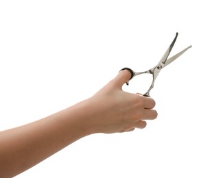 Photo of Woman with scissors for pet grooming on white background, closeup