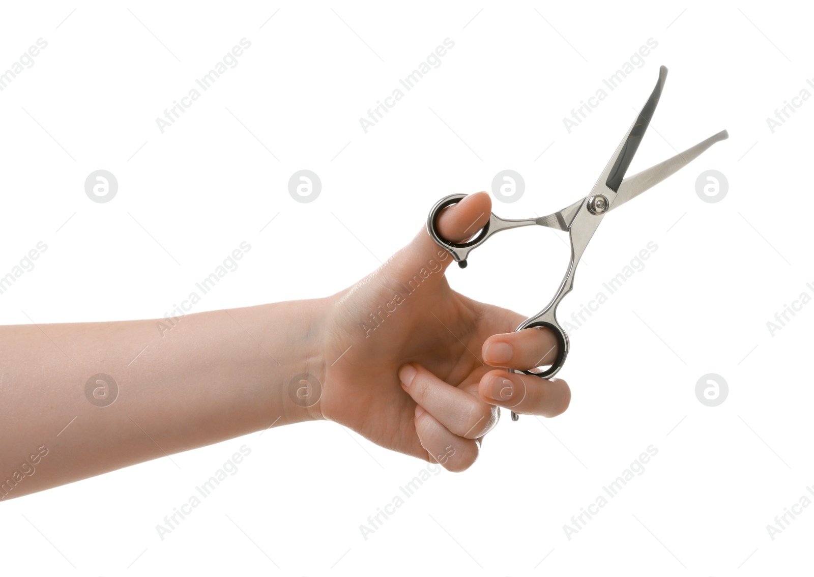 Photo of Woman with scissors for pet grooming on white background, closeup