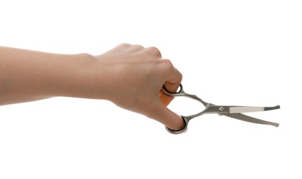 Photo of Woman with scissors for pet grooming on white background, closeup