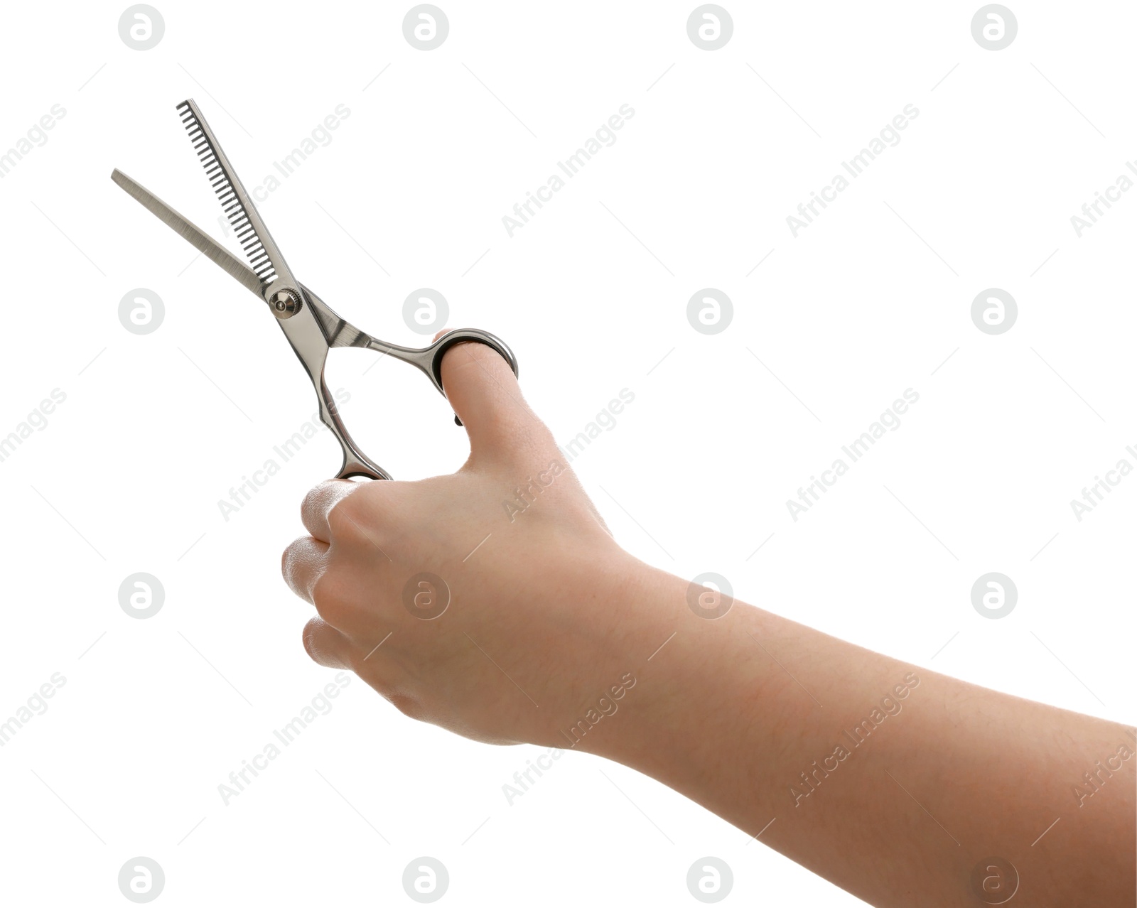 Photo of Woman with scissors for pet grooming on white background, closeup