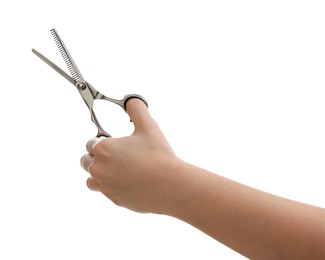 Photo of Woman with scissors for pet grooming on white background, closeup