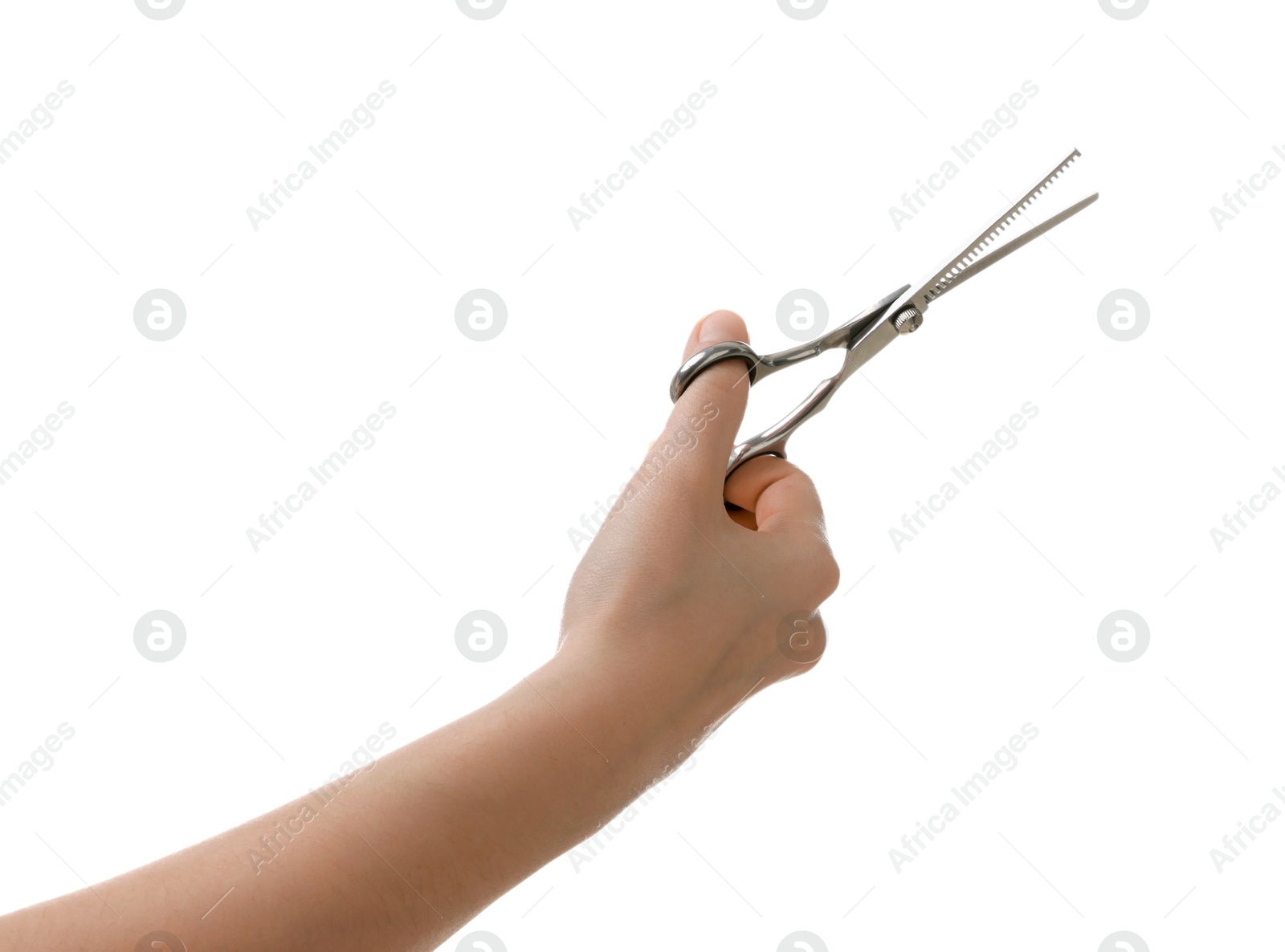 Photo of Woman with scissors for pet grooming on white background, closeup