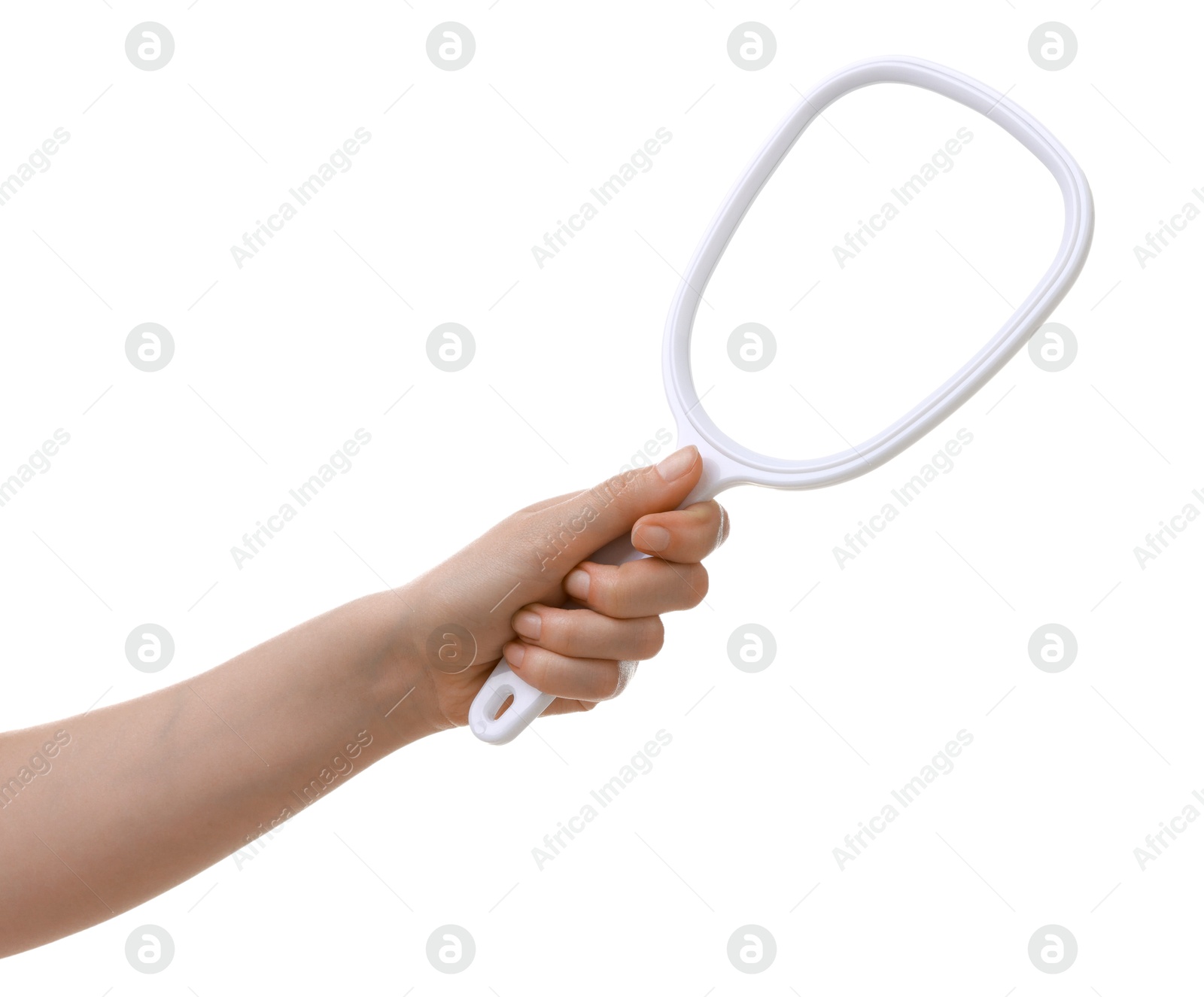 Photo of Woman with mirror for pet grooming on white background, closeup