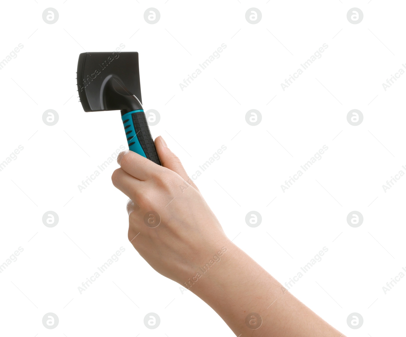 Photo of Woman with brush for pet grooming on white background, closeup