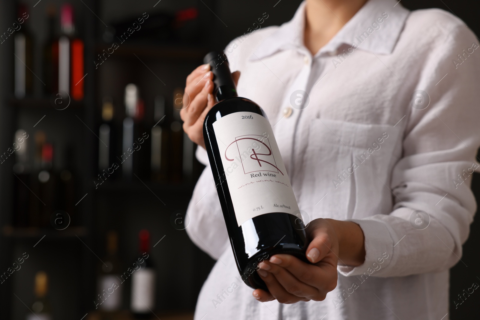 Photo of Professional sommelier holding bottle of red wine indoors, closeup. Space for text