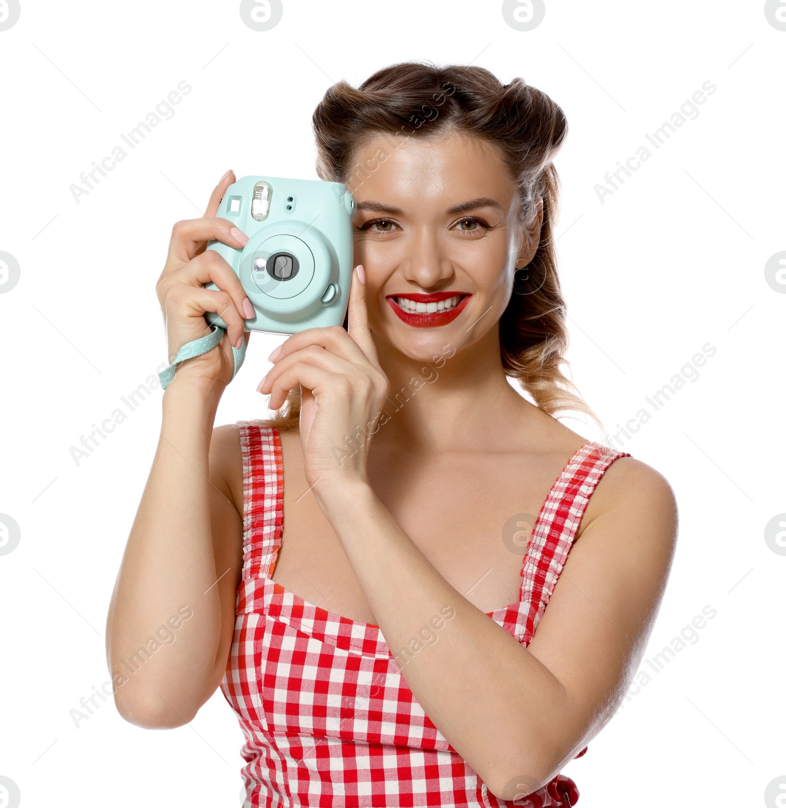 Photo of Happy pin-up woman with camera on white background