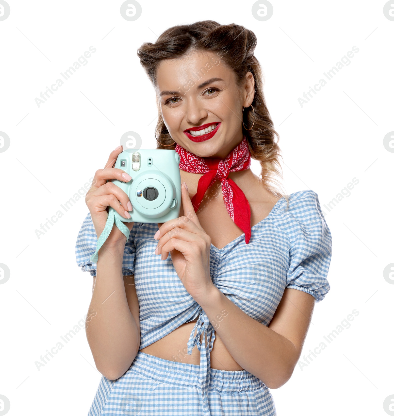 Photo of Happy pin-up woman with camera on white background