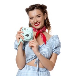 Photo of Happy pin-up woman with camera on white background