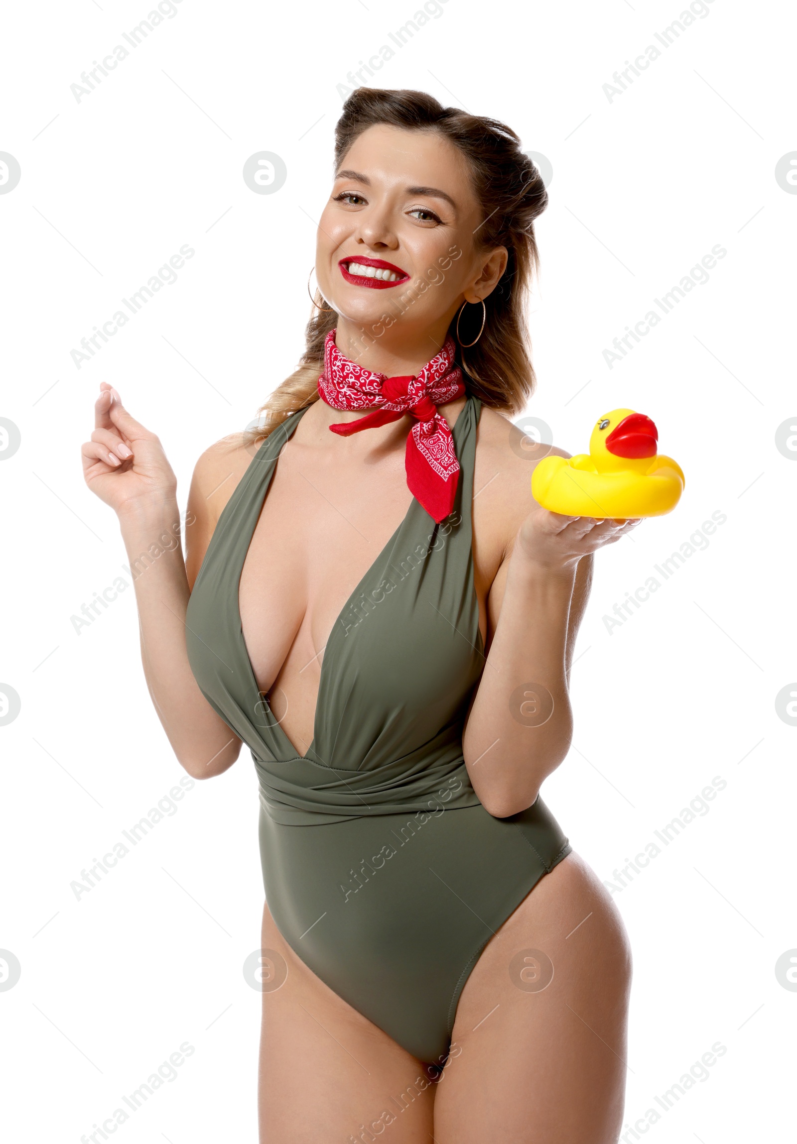 Photo of Happy pin-up woman in swimsuit with rubber duck on white background