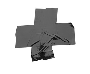 Photo of Cross made with black adhesive tape isolated on white, top view