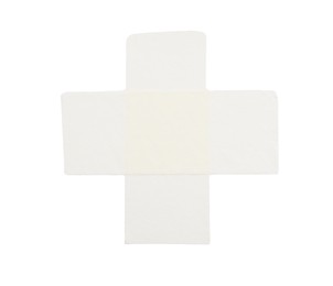 Photo of Cross made with masking tape isolated on white, top view