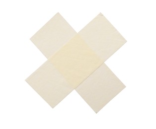 Photo of Cross made with masking tape isolated on white, top view