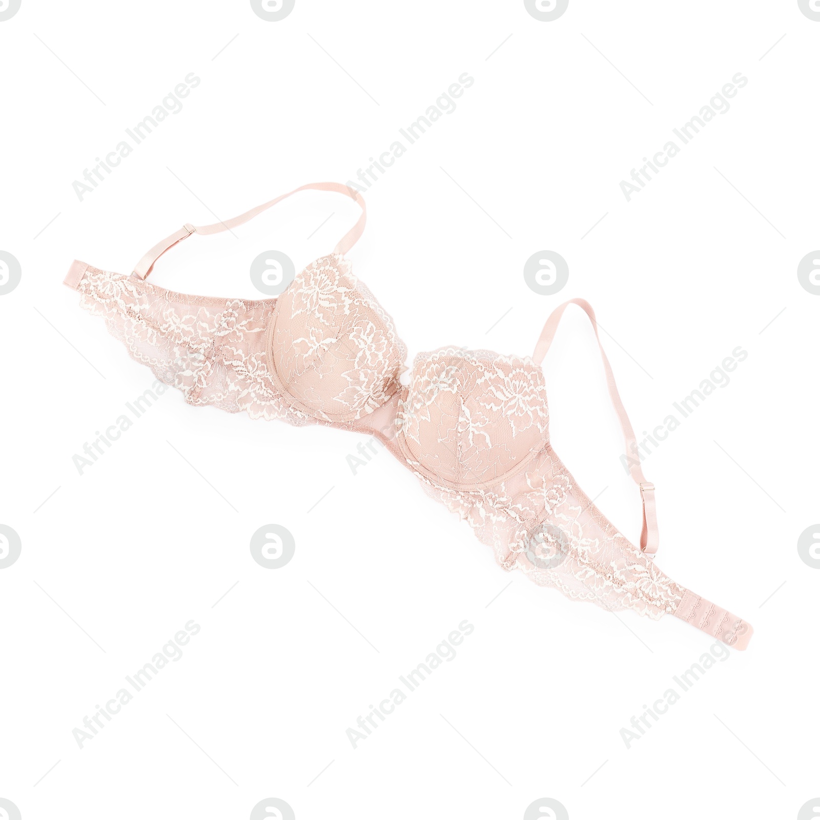 Photo of Beautiful beige bra isolated on white, top view