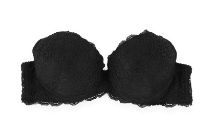 Photo of Beautiful black bra isolated on white, top view