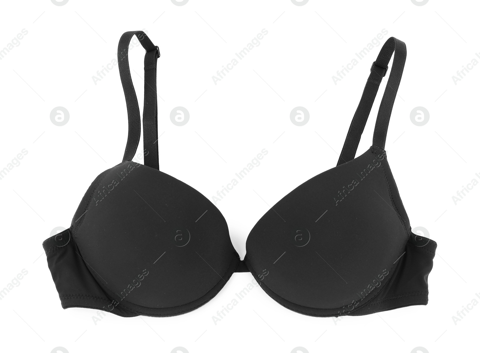 Photo of Beautiful black bra isolated on white, top view