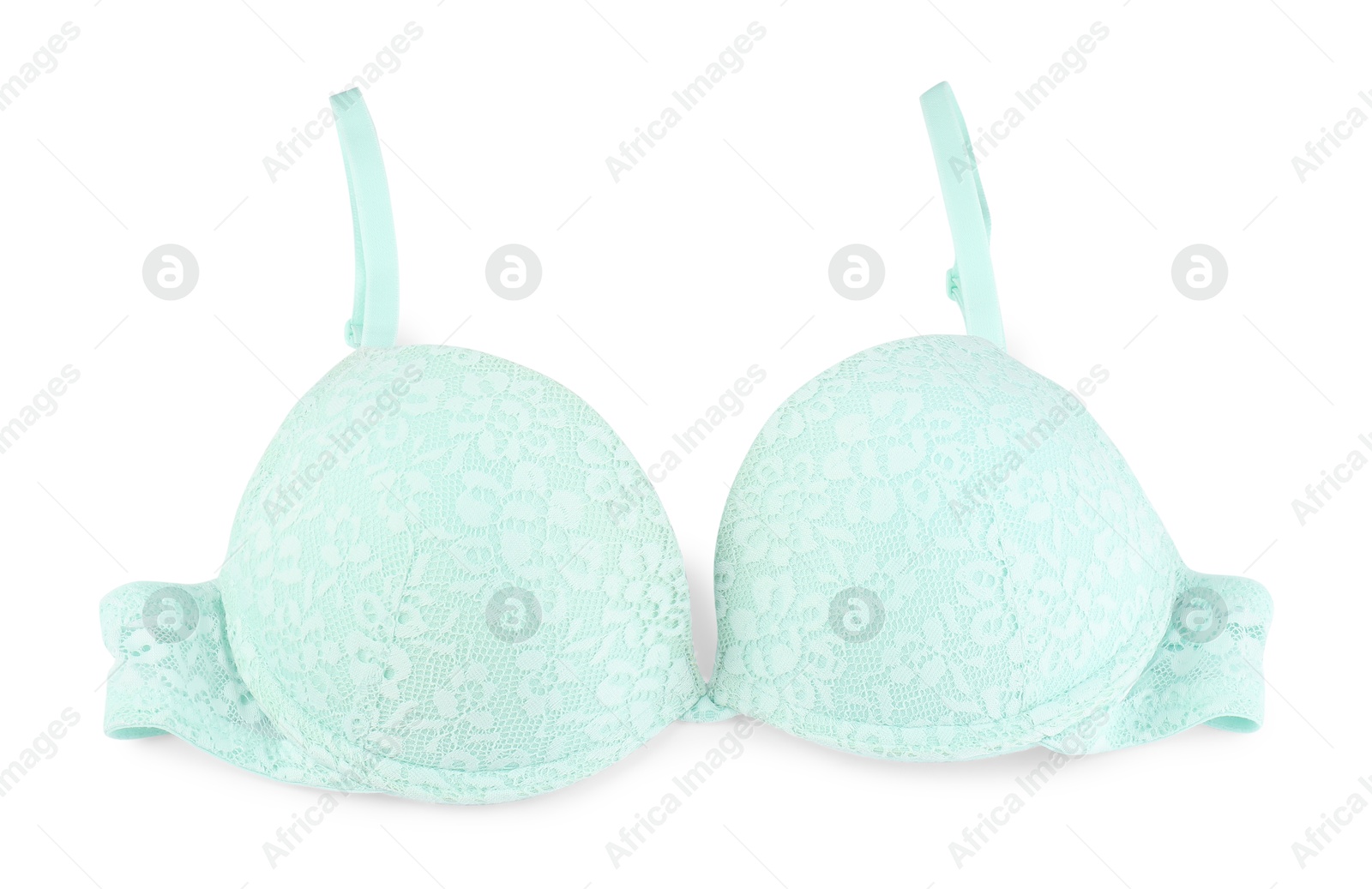 Photo of One beautiful turquoise bra isolated on white