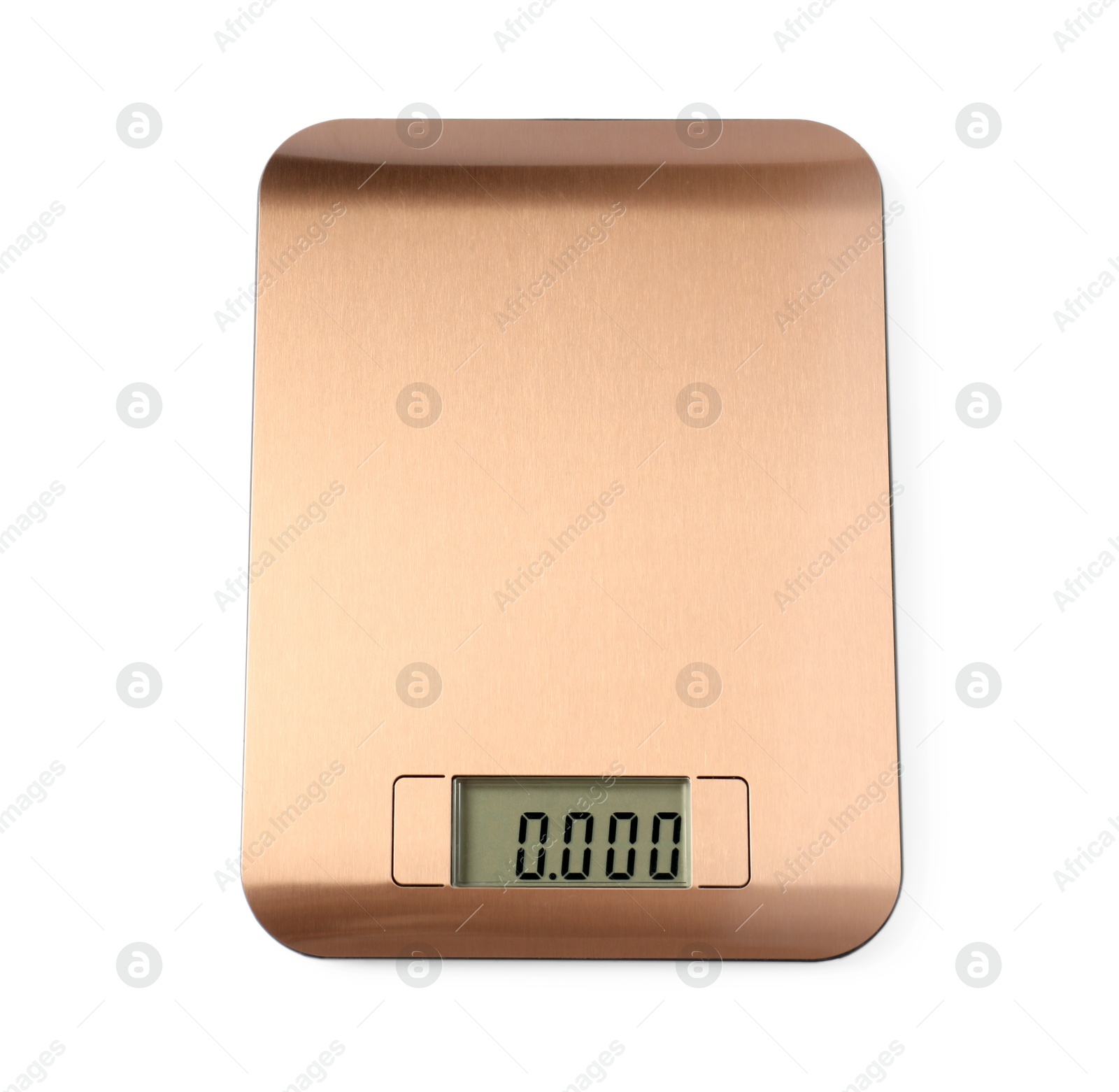 Photo of Modern electronic kitchen scale isolated on white, top view