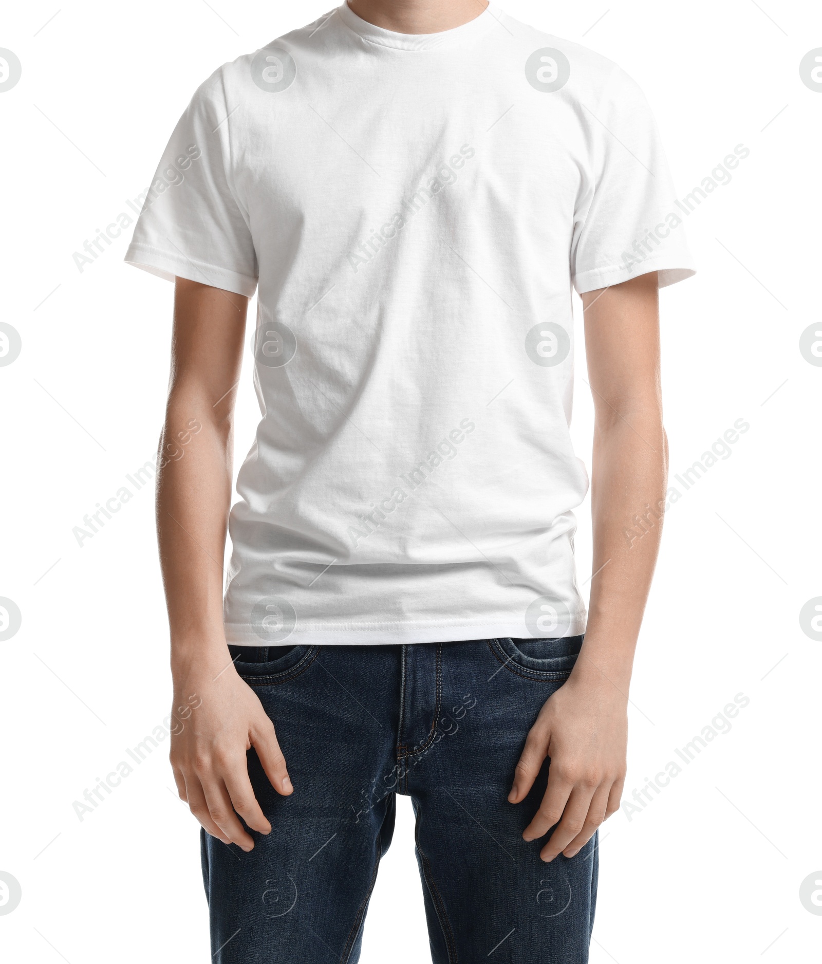 Photo of Young man wearing blank t-shirt on white background, closeup. Mockup for design