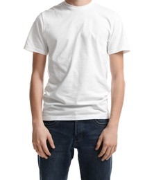 Photo of Young man wearing blank t-shirt on white background, closeup. Mockup for design