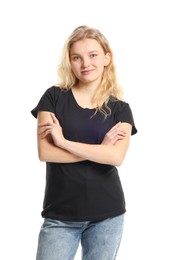 Photo of Young woman wearing blank black t-shirt on white background. Mockup for design