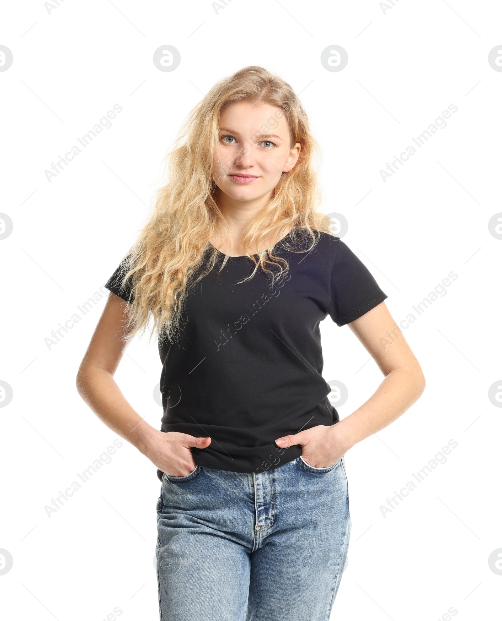 Photo of Young woman wearing blank black t-shirt on white background. Mockup for design