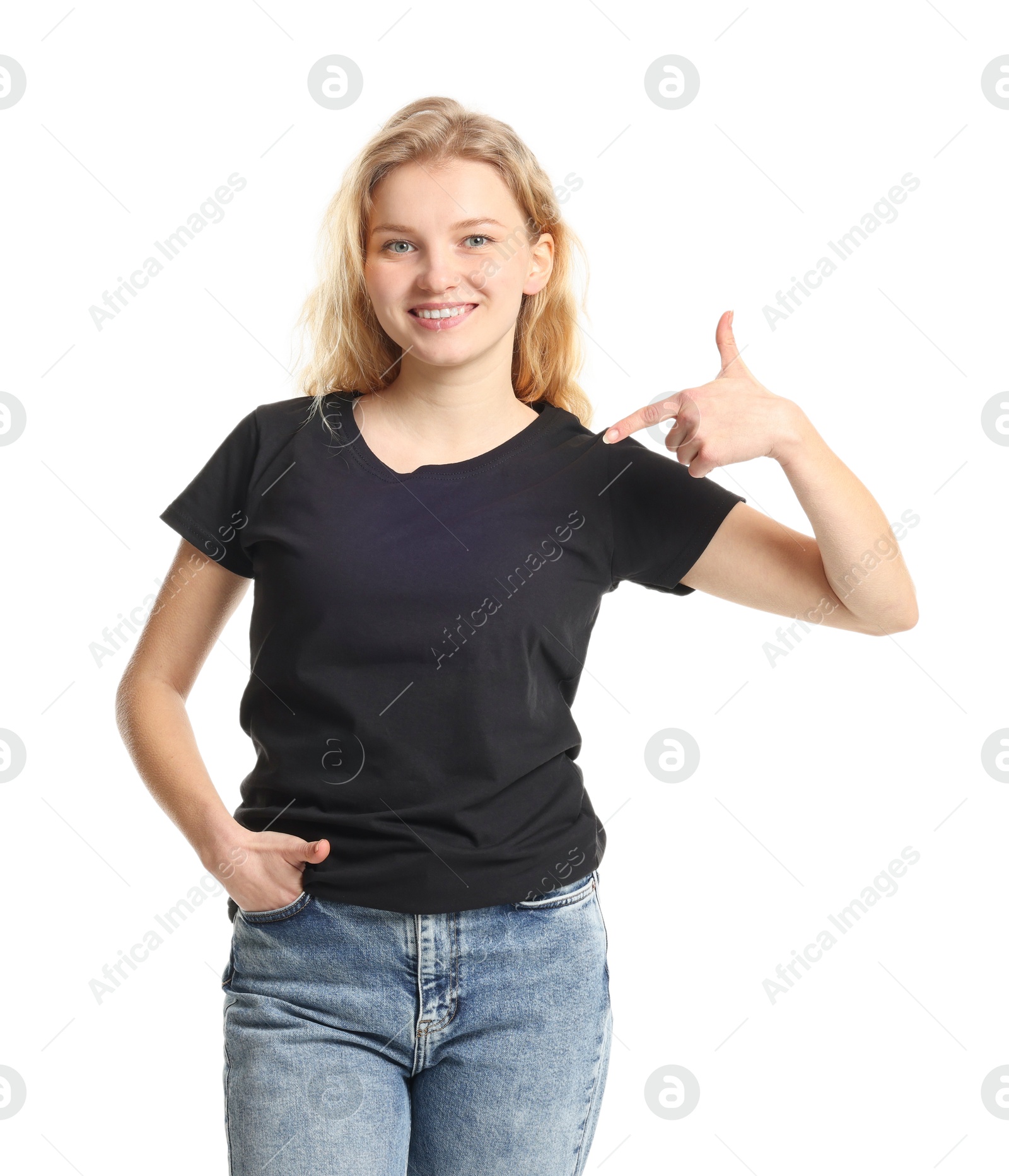 Photo of Young woman wearing blank black t-shirt on white background. Mockup for design