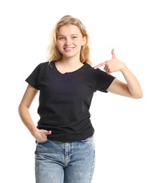 Photo of Young woman wearing blank black t-shirt on white background. Mockup for design