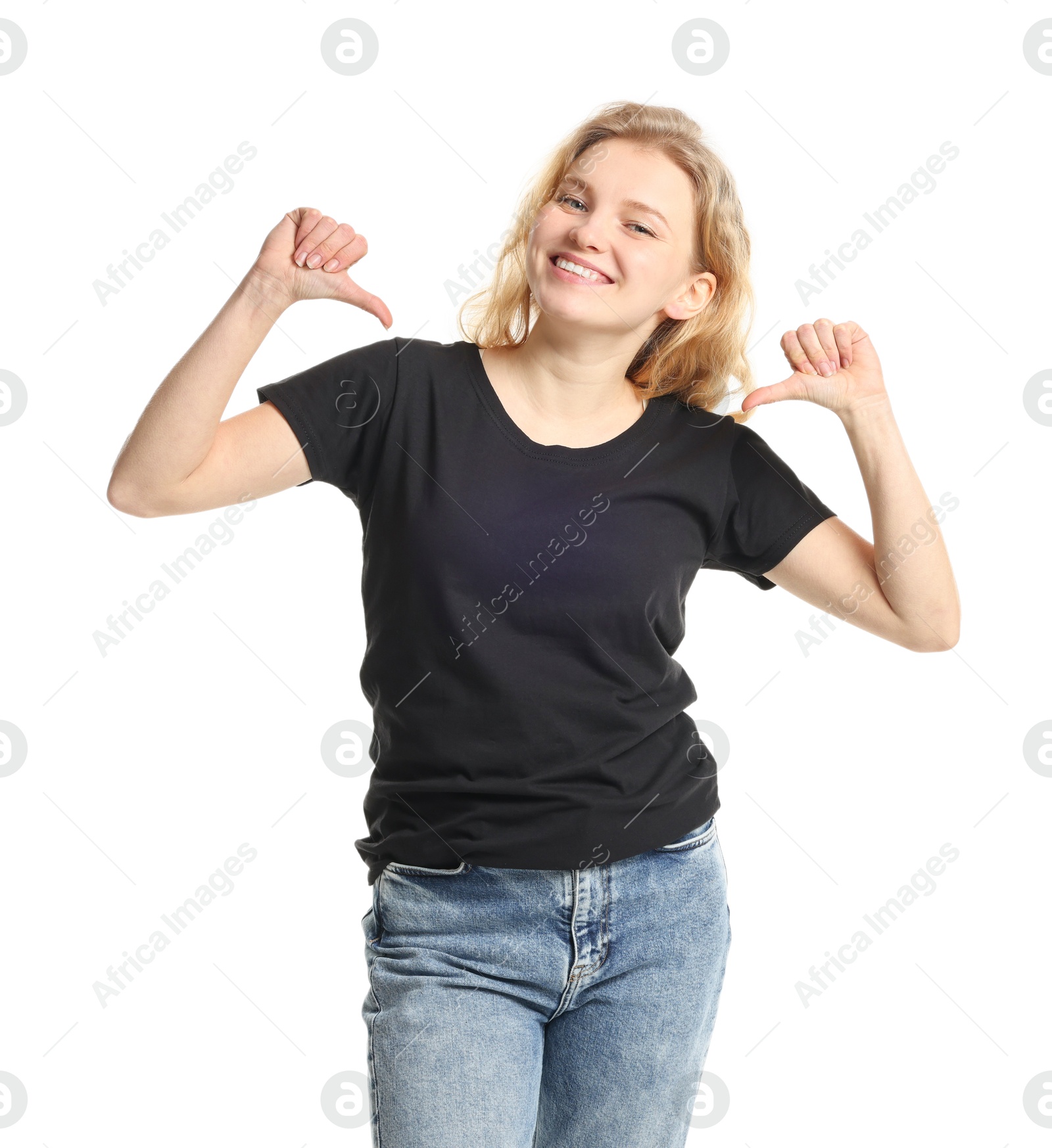 Photo of Young woman wearing blank black t-shirt on white background. Mockup for design