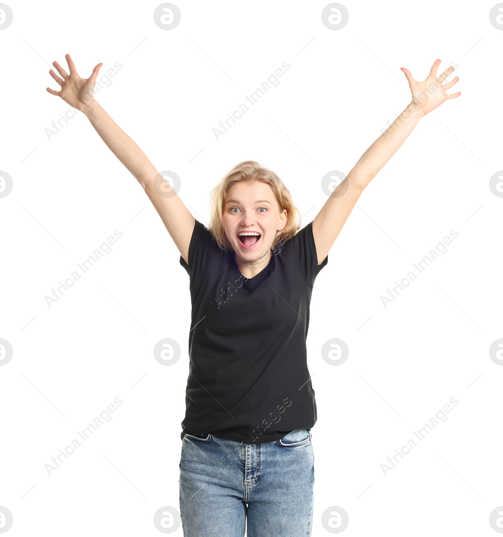 Photo of Young woman wearing blank black t-shirt on white background. Mockup for design