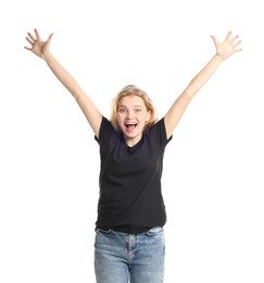 Photo of Young woman wearing blank black t-shirt on white background. Mockup for design