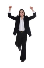 Photo of Business competition. Happy woman running on white background