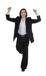 Photo of Business competition. Happy woman running on white background