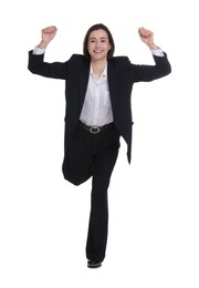 Photo of Business competition. Happy woman running on white background