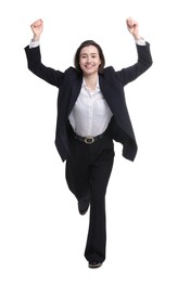 Photo of Business competition. Happy woman running on white background