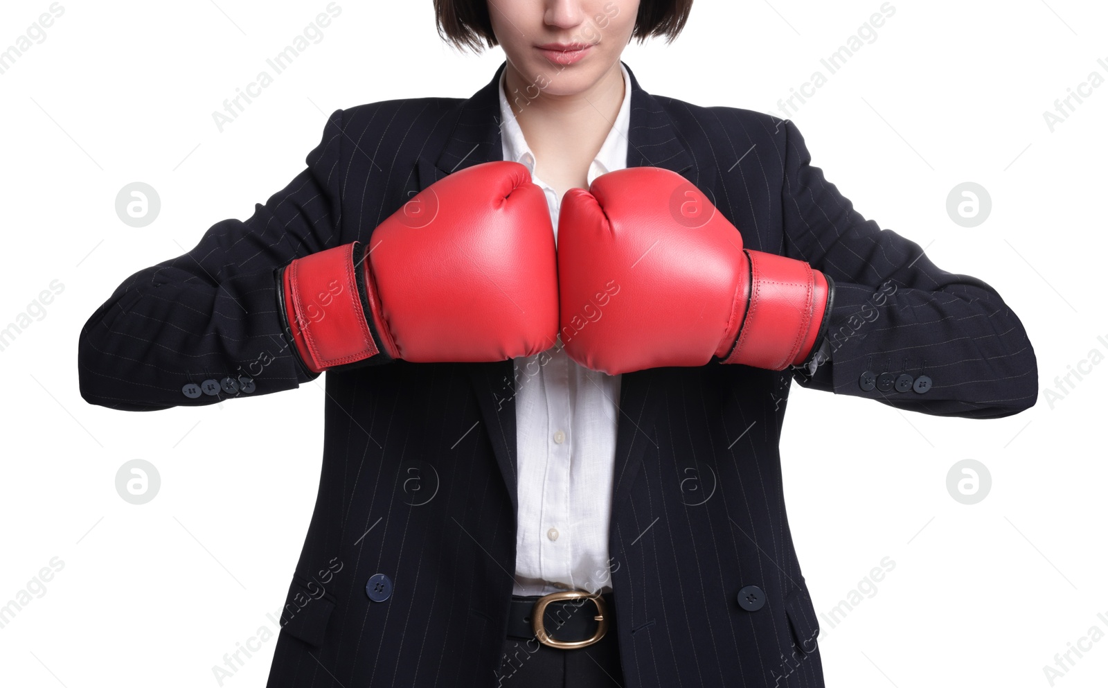 Photo of Competition. Businesswoman in suit wearing boxing gloves on white background, closeup