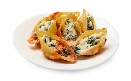 Photo of Delicious shell pasta stuffed with ricotta and spinach isolated on white