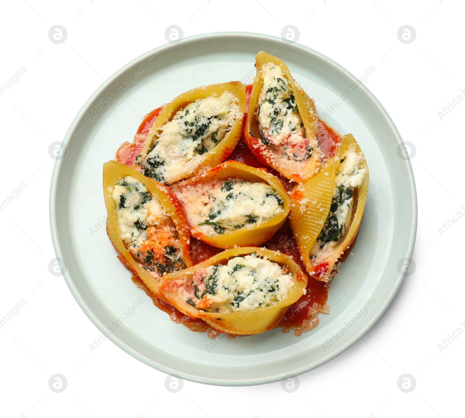 Photo of Delicious shell pasta stuffed with ricotta and spinach isolated on white, top view