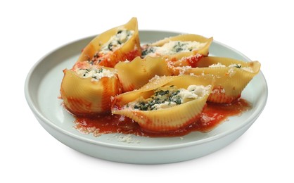 Photo of Delicious shell pasta stuffed with ricotta and spinach isolated on white