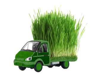 Image of Eco-friendly transportation. Truck covered with green lush grass on white background