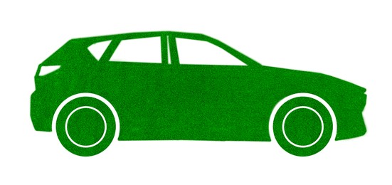 Image of Eco-friendly transportation. Car silhouette with pattern of green grass on white background