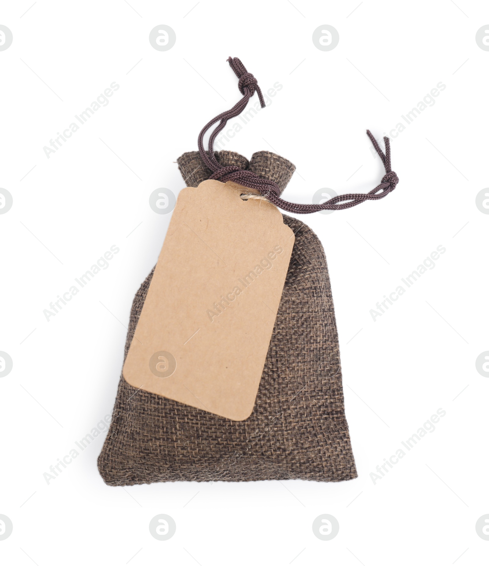 Photo of Burlap bag with tag isolated on white, top view