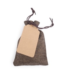 Photo of Burlap bag with tag isolated on white, top view